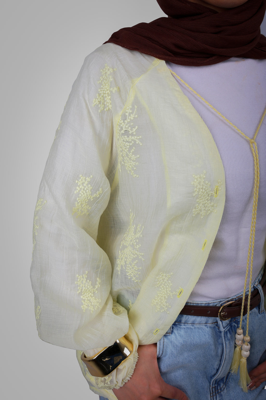 BUTTER YELLOW STITCHED TRANSPARENT BLOUSE