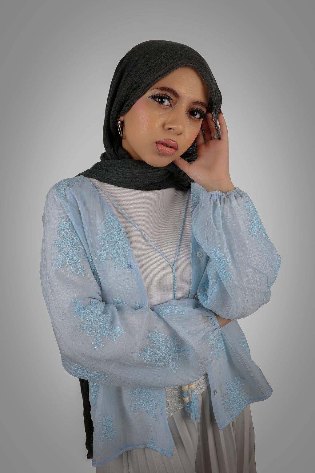 BLUE STITCHED TRANSPARENT BLOUSE