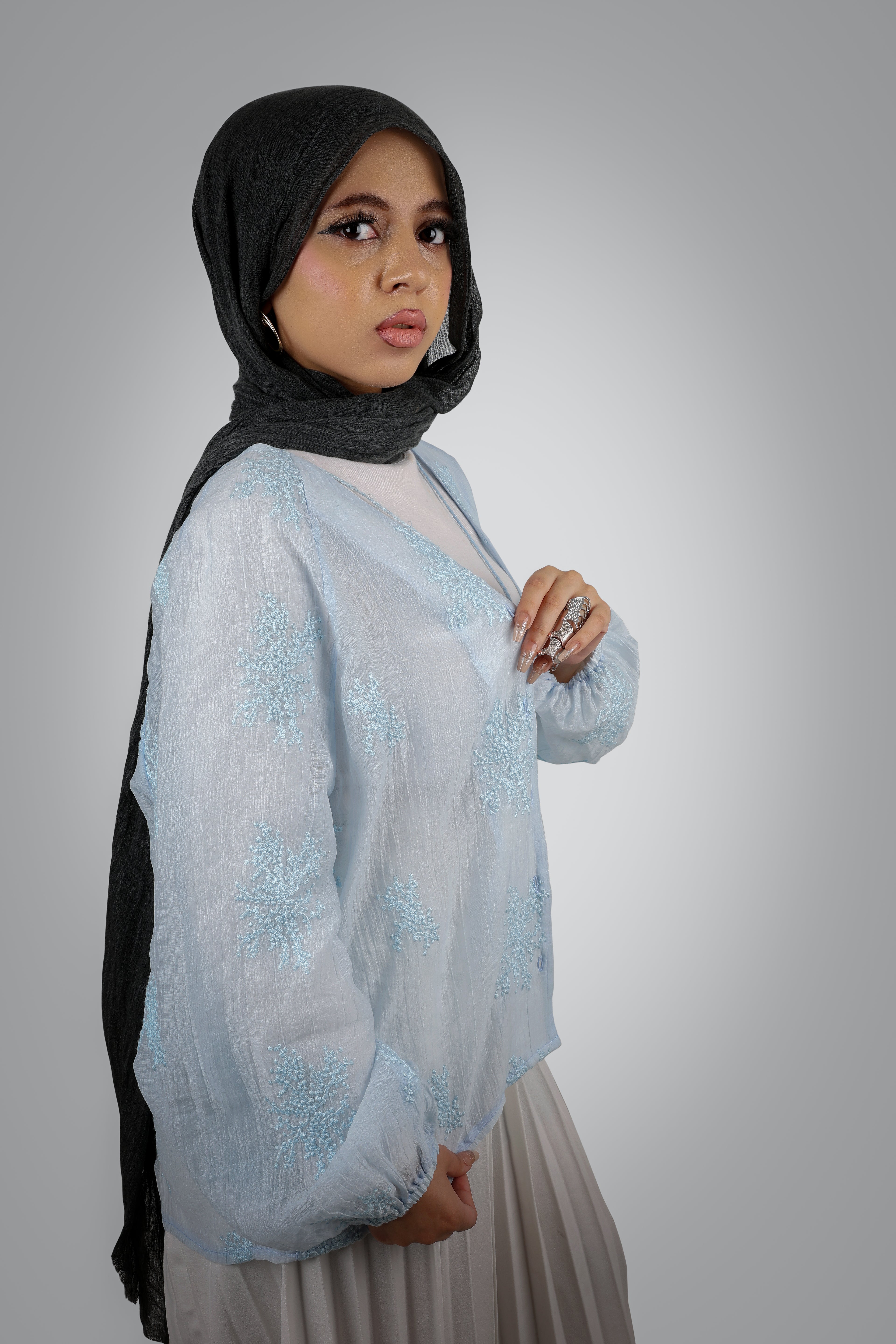 BLUE STITCHED TRANSPARENT BLOUSE