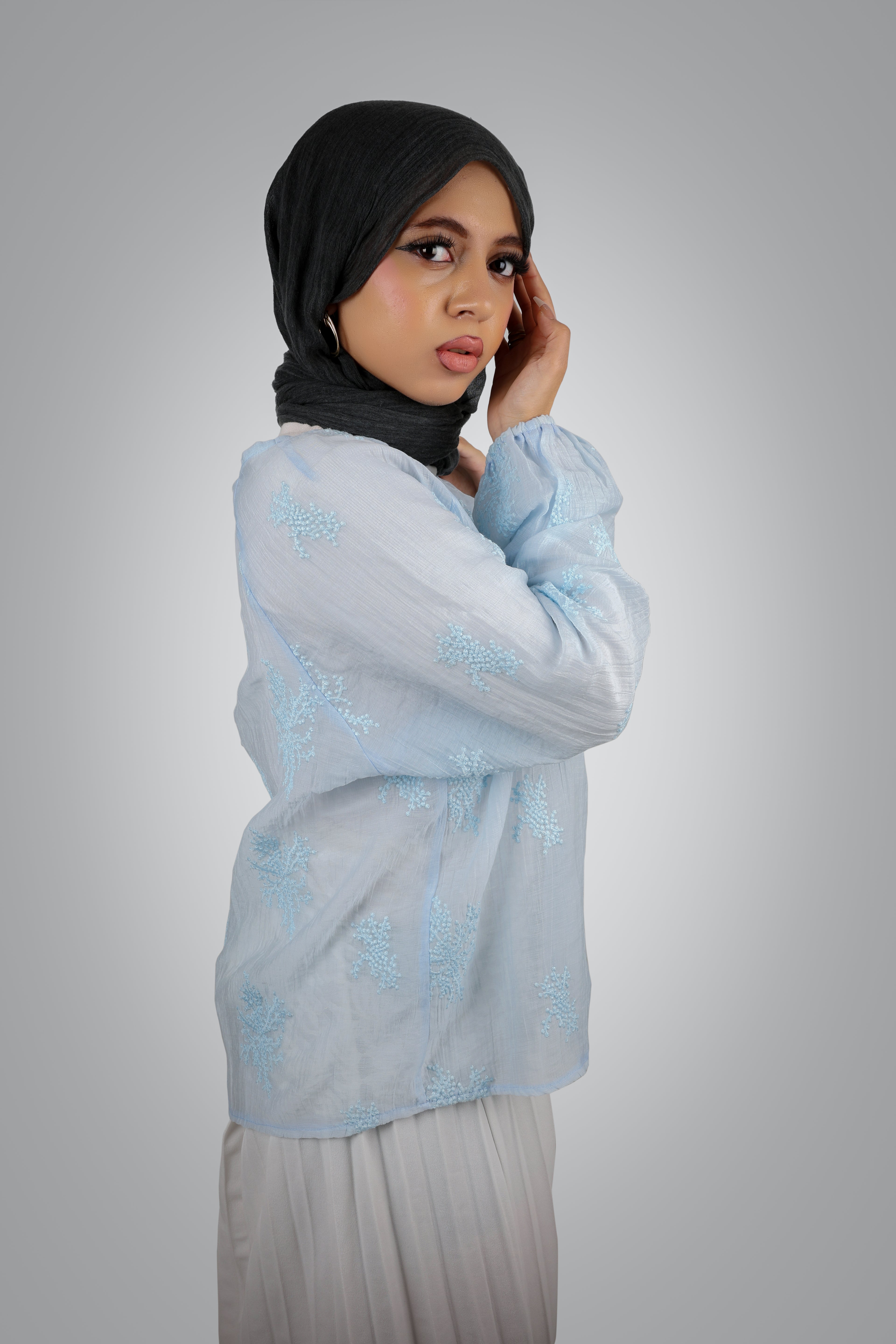 BLUE STITCHED TRANSPARENT BLOUSE