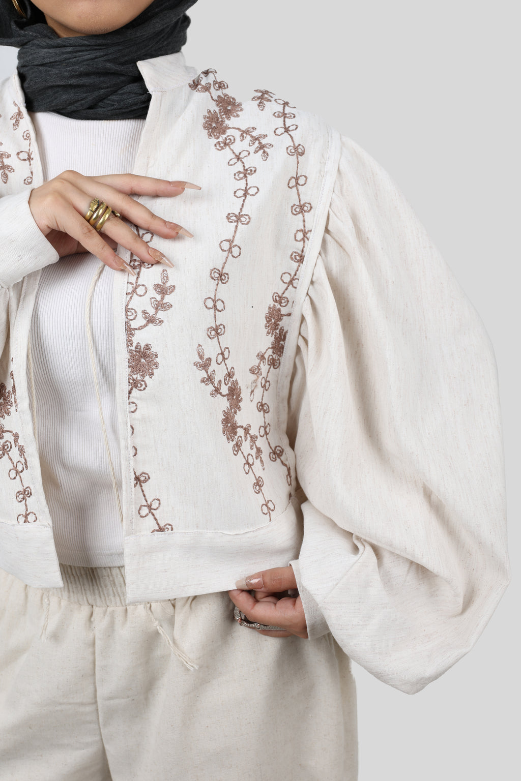 WHITE LINEN BROWN STITCHED BLOUSE