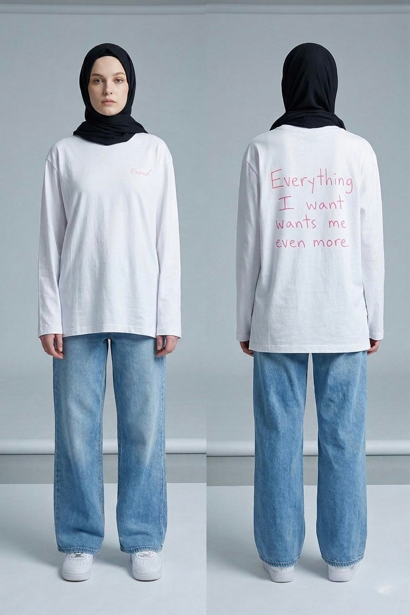 white "WANTED MORE" long sleeve t-shirt