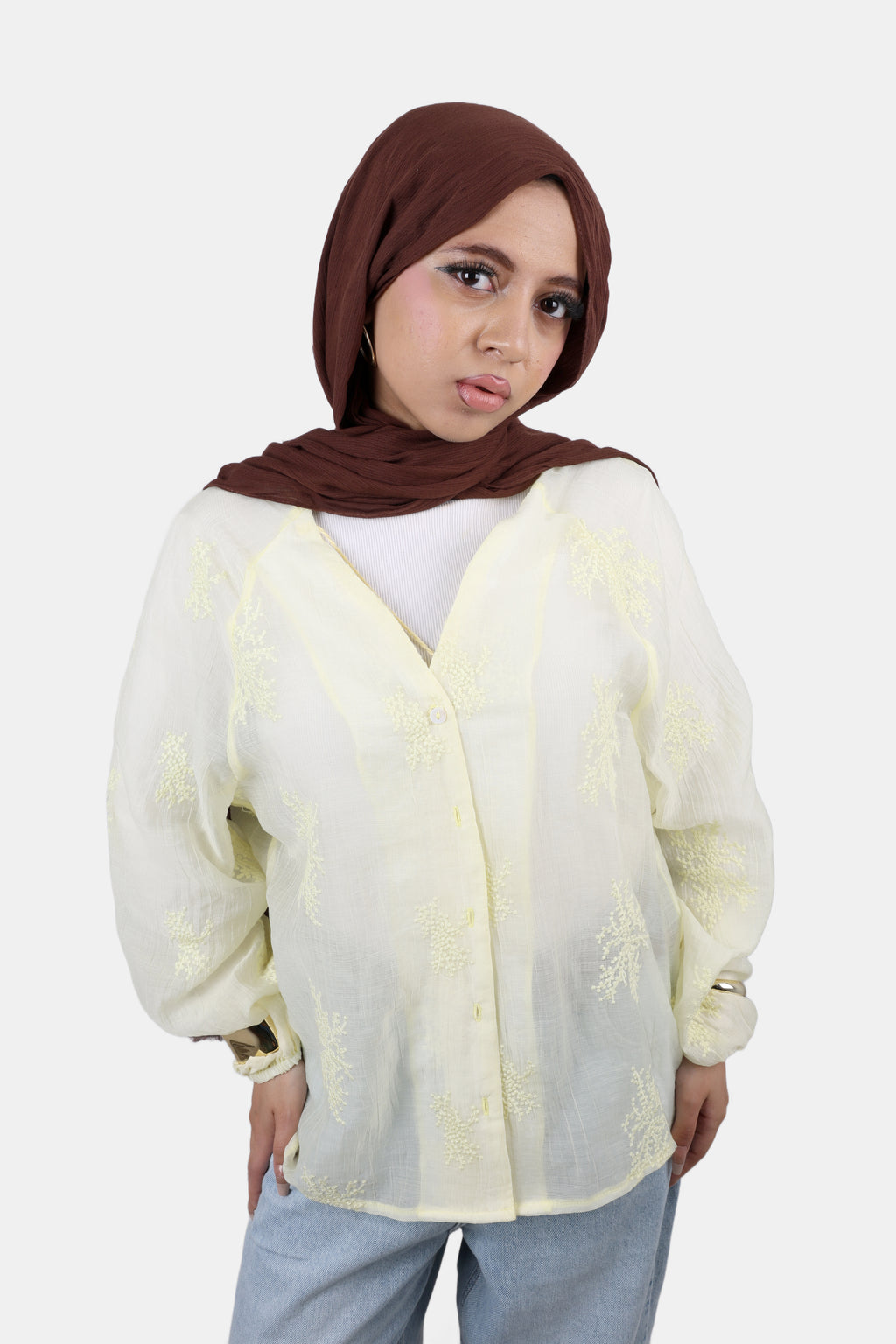 BUTTER YELLOW STITCHED TRANSPARENT BLOUSE