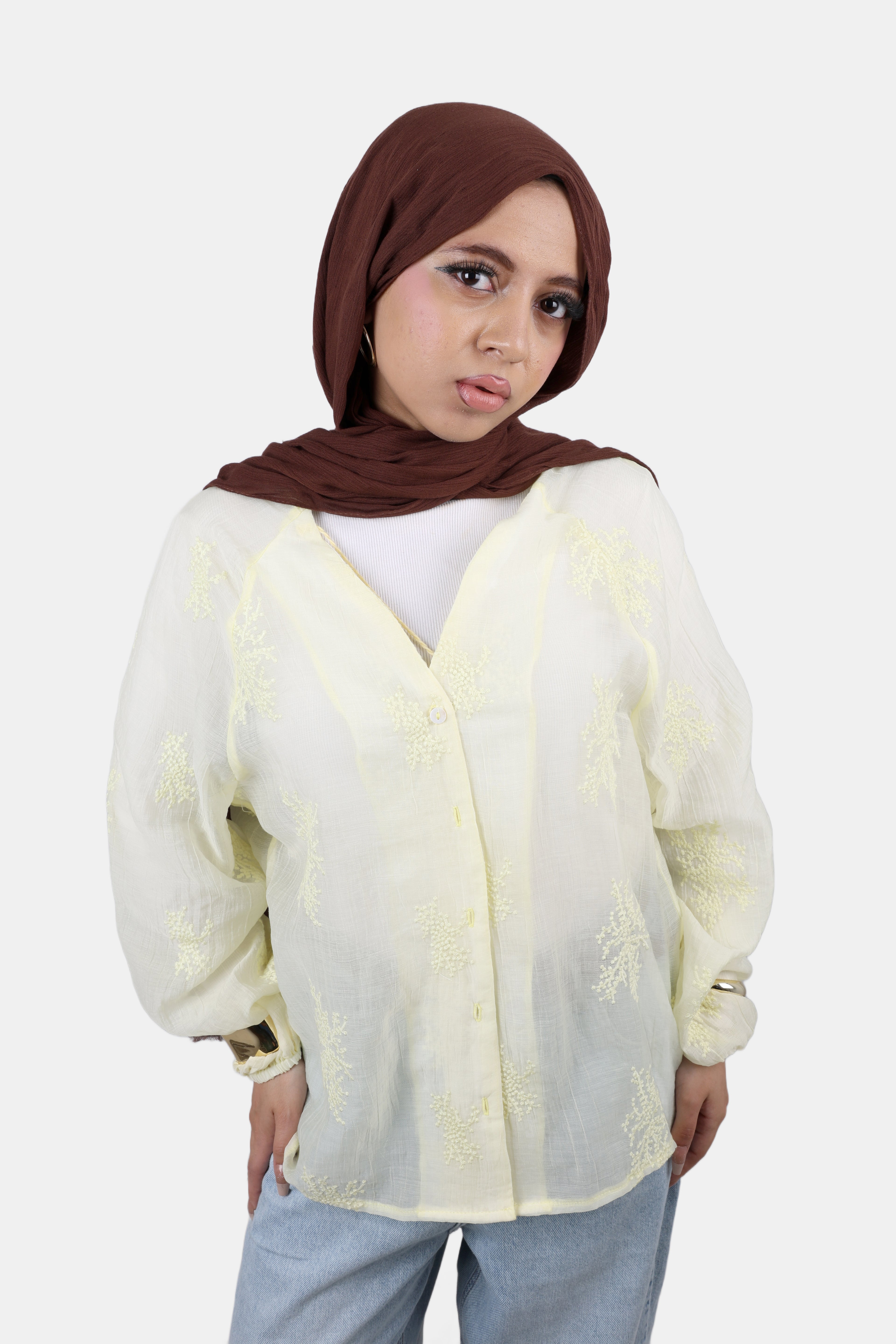 BUTTER YELLOW STITCHED TRANSPARENT BLOUSE